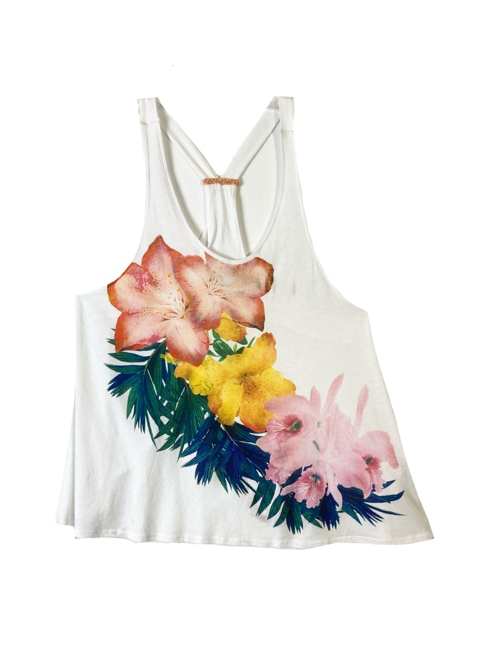 ZARA TRAFALUC Tank Top M White Pink-Floral Racerback Low-Front High-Back A-Line